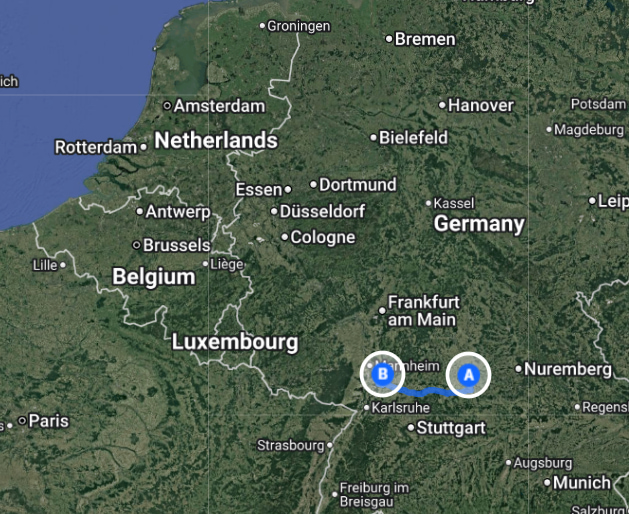 Route uitgezoomd van Rothenburg ob der Tauben naar Heidelberg