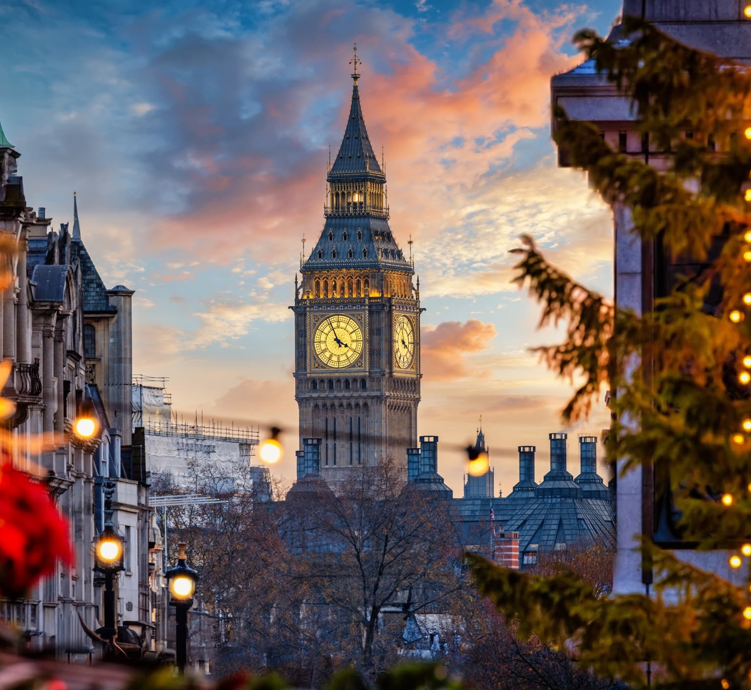 Beautiful winter sunset view of the Big Ben Clocktower in London